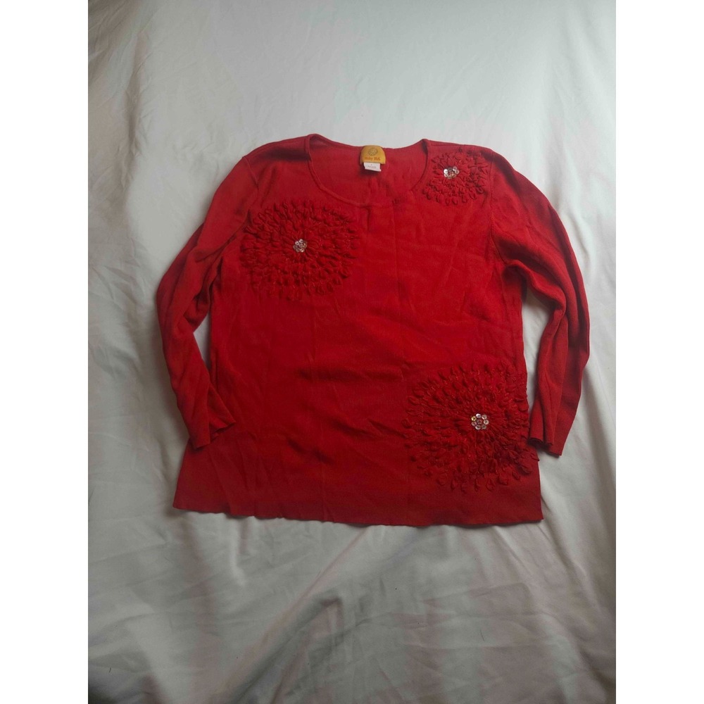 Ruby Rd. Shirt Top Womens Large Red Flower Applique Sequins Long Sleeve Knit